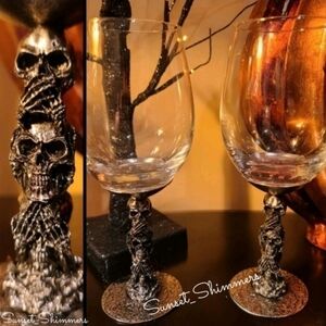 2 Spooky Halloween Gothic Metal Skeleton 3D Skull NO EVIL Wine Glass Goblets New